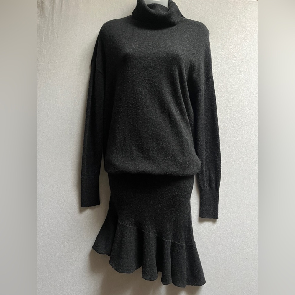 AllSaints Hava Black Wool Cashmere Asymmetrical Ruffle Turtleneck Dress Size S - Picture 2 of 10